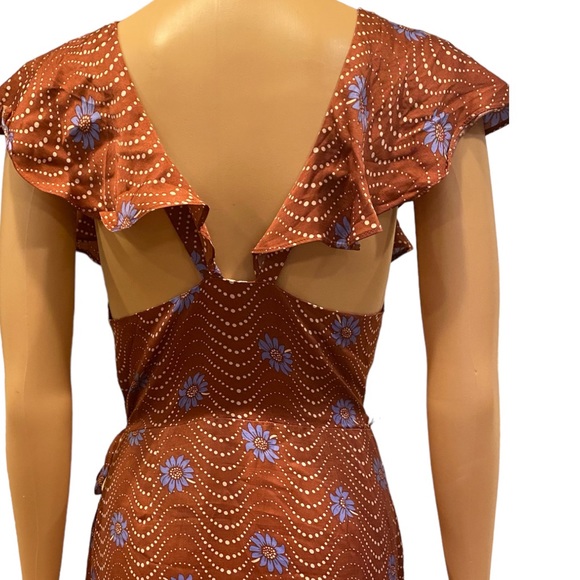 Anthropologie Ruffle Sleeve Printed Wrap Maxi Dress Brown Motif size XS - Picture 10 of 12